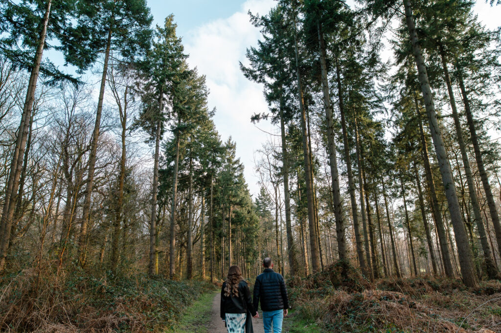 tom and chelsey walk hand in hand away from me during our shoot in oakley woods