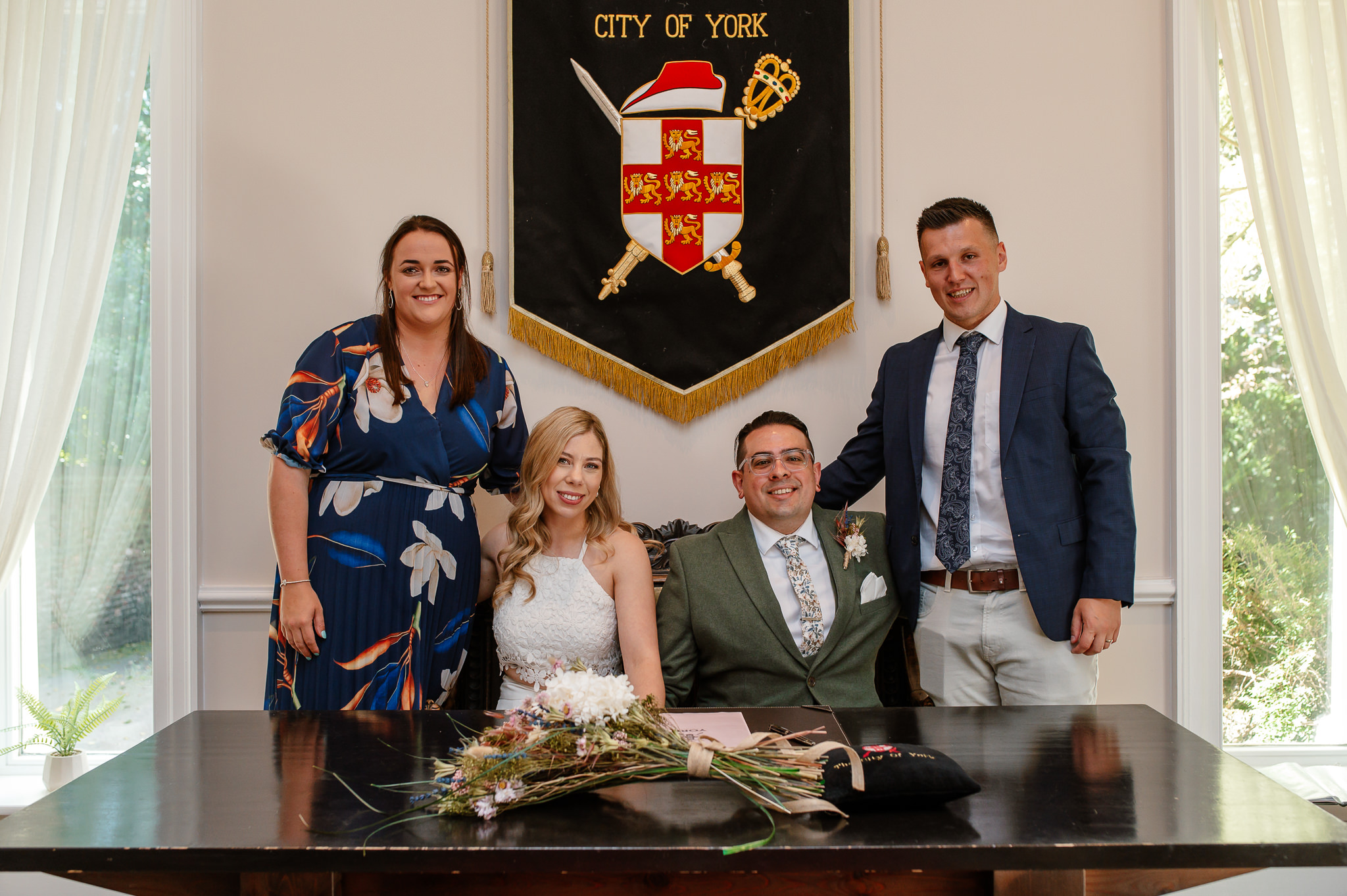 bride and groom group photo with their witnesses at york registry office 